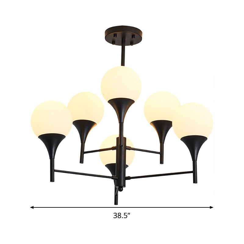 Contemporary Black Chandelier Lamp: Sphere White Glass Hanging Lighting 6 Lights For Living Room