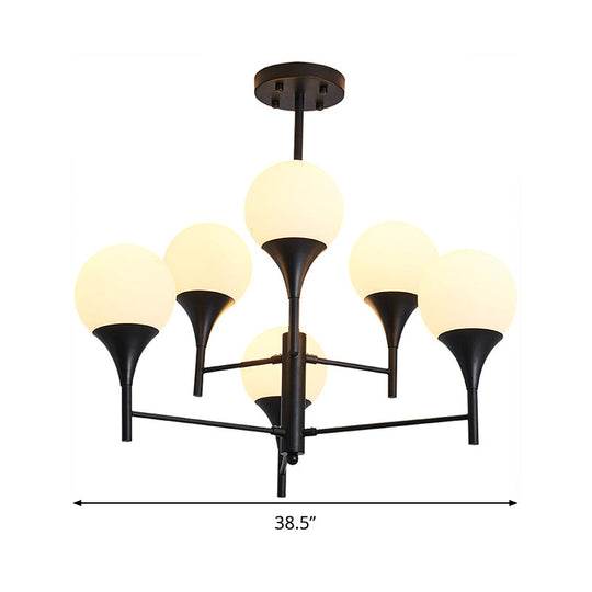 Contemporary Black Chandelier Lamp: Sphere White Glass Hanging Lighting 6 Lights For Living Room