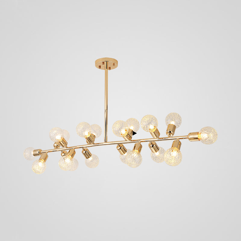 Contemporary Gold Linear Led Island Lighting - 18 Lights Hanging Ceiling Lamp With Ribbing Glass