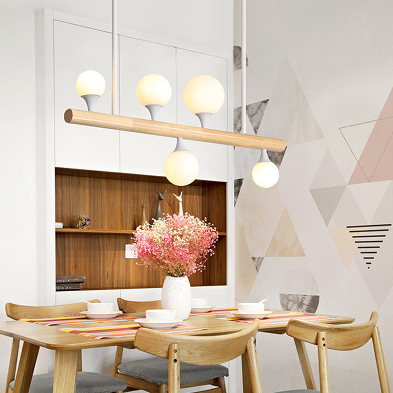 Modern Asian Inspired Hanging Island Lamp With Led Lights - Beige Wood Finish Ideal For Dining Room