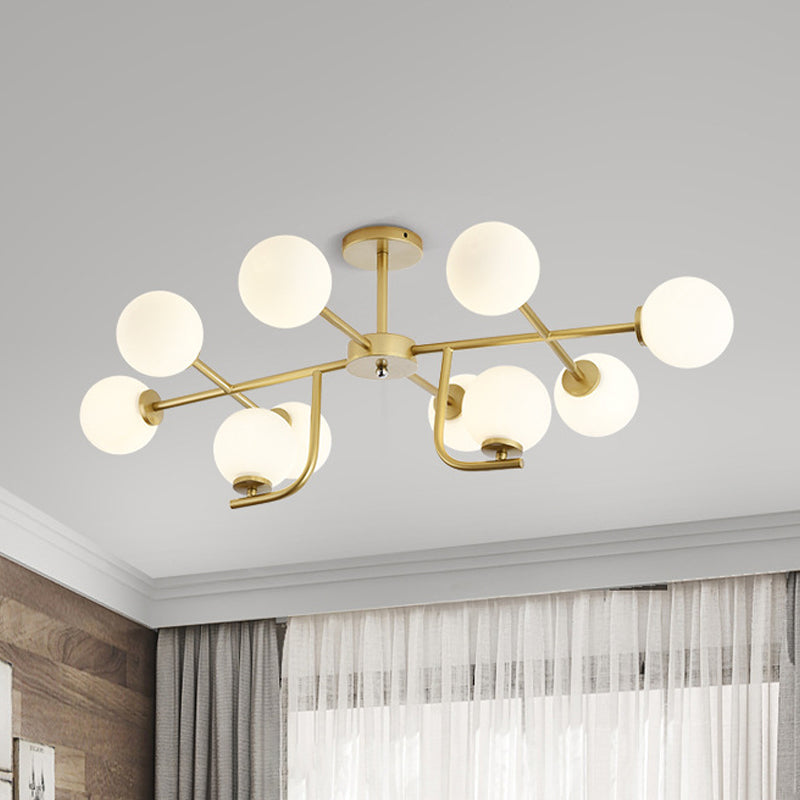 Modernist Gold Round Semi Flush Ceiling Light with 10-Bulbs and White Glass