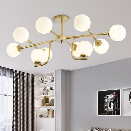 Modernist Gold Round Semi Flush Ceiling Light with 10-Bulbs and White Glass