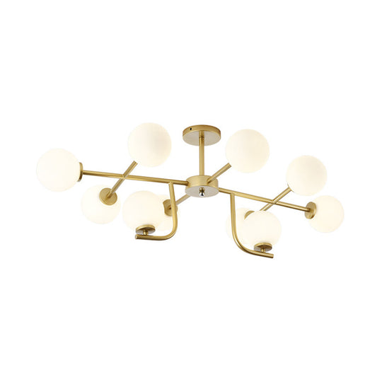 Modernist Gold Round Semi Flush Ceiling Light with 10-Bulbs and White Glass