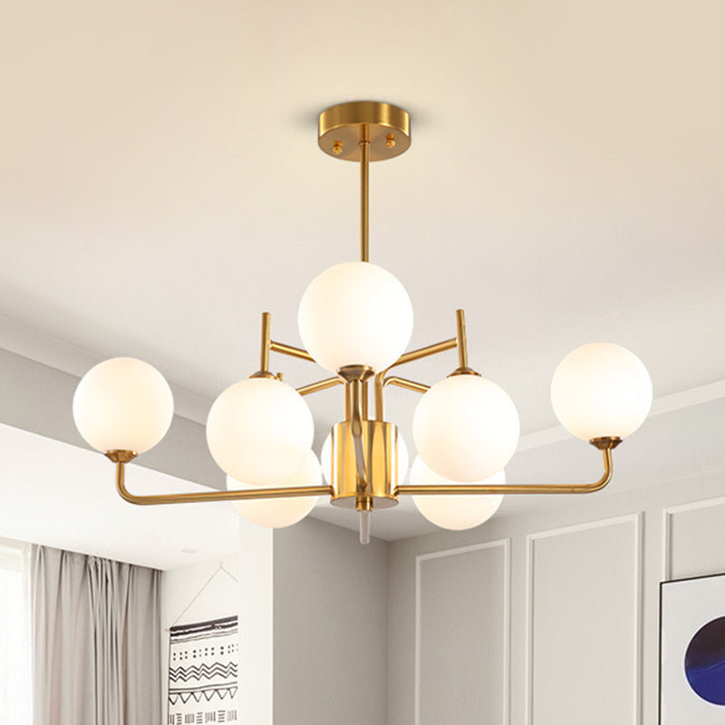 Milk Glass Pendant Chandelier in Gold - 8 Bulb Modern Spherical Lighting Fixture