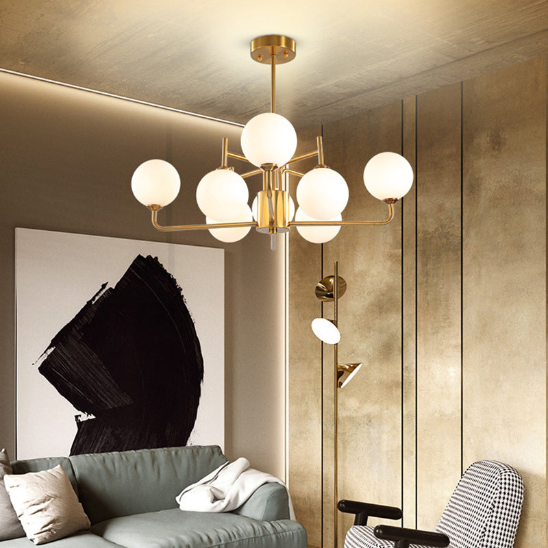 Milk Glass Pendant Chandelier in Gold - 8 Bulb Modern Spherical Lighting Fixture