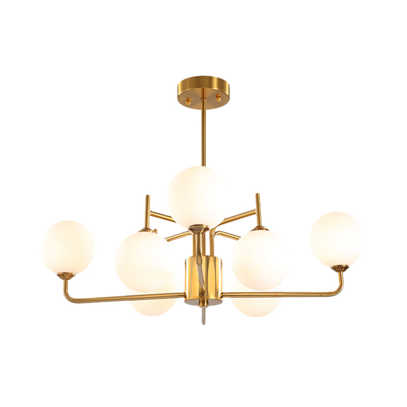 Modern Spherical Chandelier With 8 Bulbs - Milk Glass Pendant Light Fixture In Gold