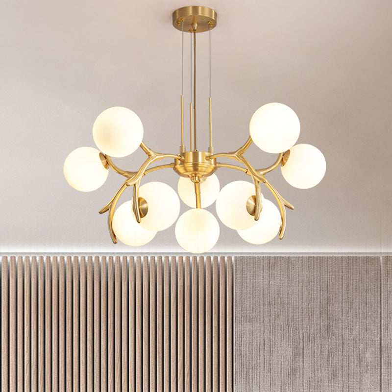 Modern Gold Round Chandelier With Frosted Opal Glass - 10 Head Pendant Light Fixture