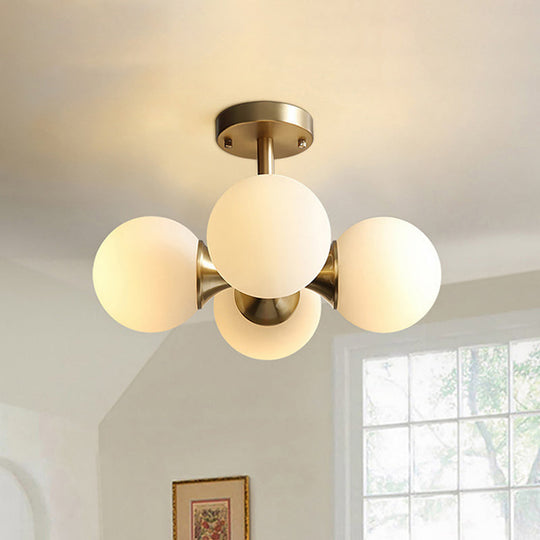 Contemporary 4-Head Gold Semi Flush Ceiling Lamp With Milky Glass