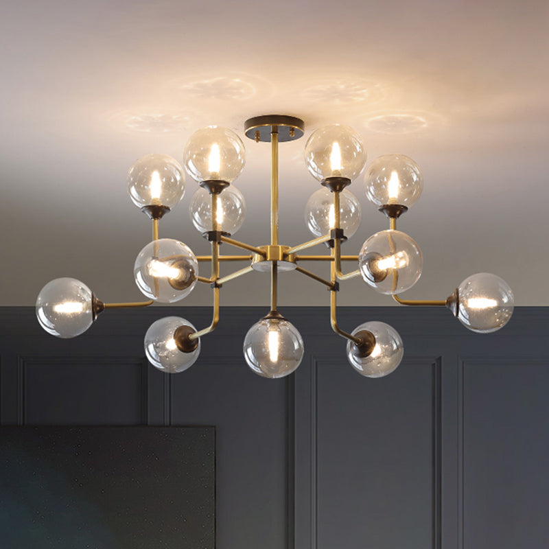 Modernist Amber Glass Globe Semi Flush Ceiling Mount Light Fixture (9/13 Bulbs) in Brass