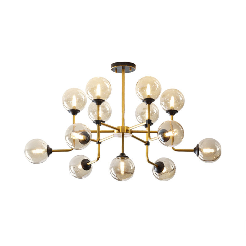 Modernist Amber Glass Semi Flush Ceiling Mount Light Fixture - Brass 9/13 Bulbs