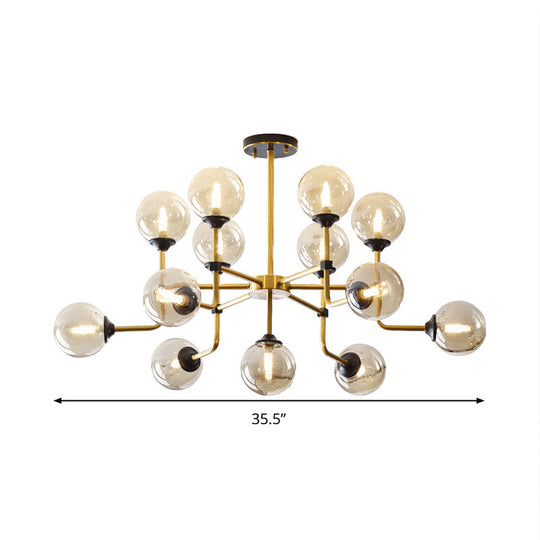 Modernist Amber Glass Globe Semi Flush Ceiling Mount Light Fixture (9/13 Bulbs) in Brass