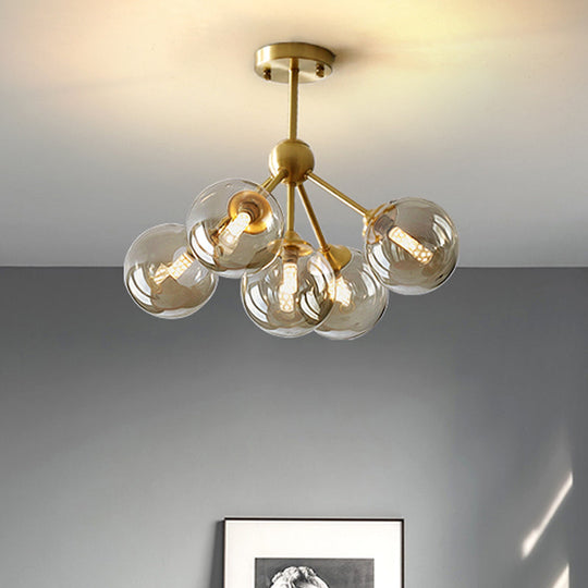 Modern Brass Pendant Chandelier with 5 Orb Amber Glass Shades - Dining Room Hanging Light Kit