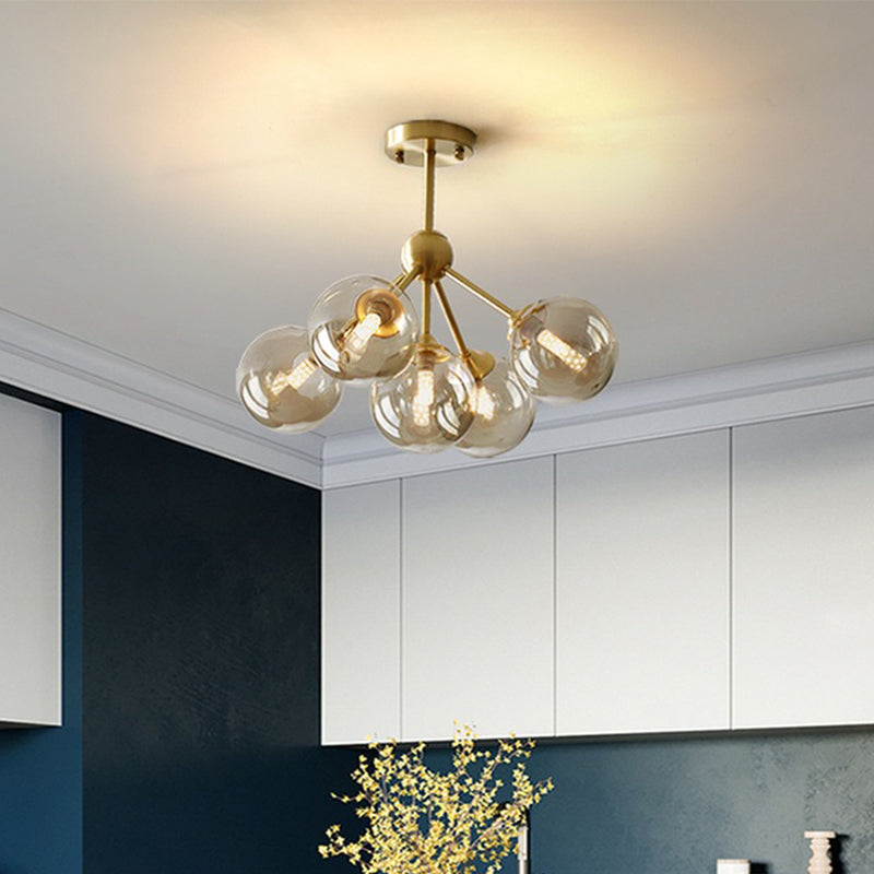 Modern Brass Pendant Chandelier with 5 Orb Amber Glass Shades - Dining Room Hanging Light Kit