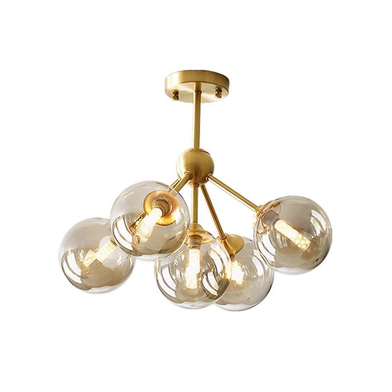 Modern Brass Pendant Chandelier With Amber Glass Shades For Dining Room - 5 Heads