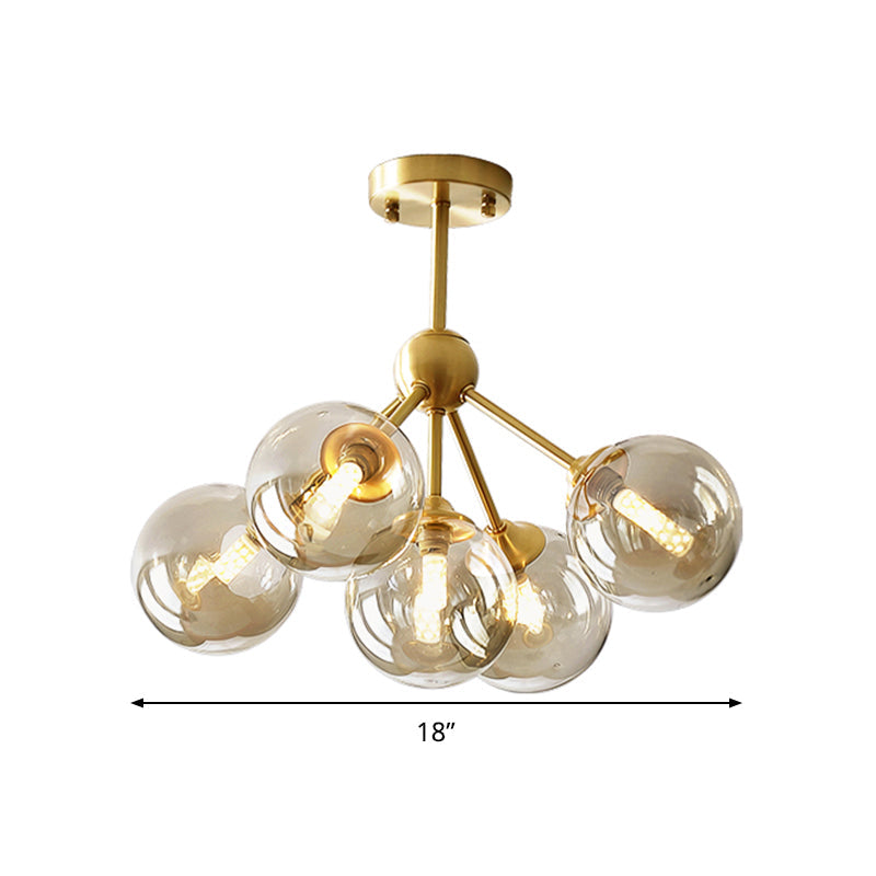 Modern Brass Pendant Chandelier with 5 Orb Amber Glass Shades - Dining Room Hanging Light Kit