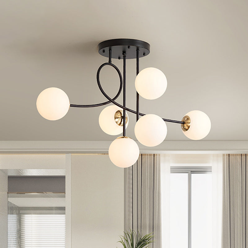 Modern Metal Armed Ceiling Chandelier - 6 Bulb Hanging Light Fixture with Black/Gold Finish and Glass Shades