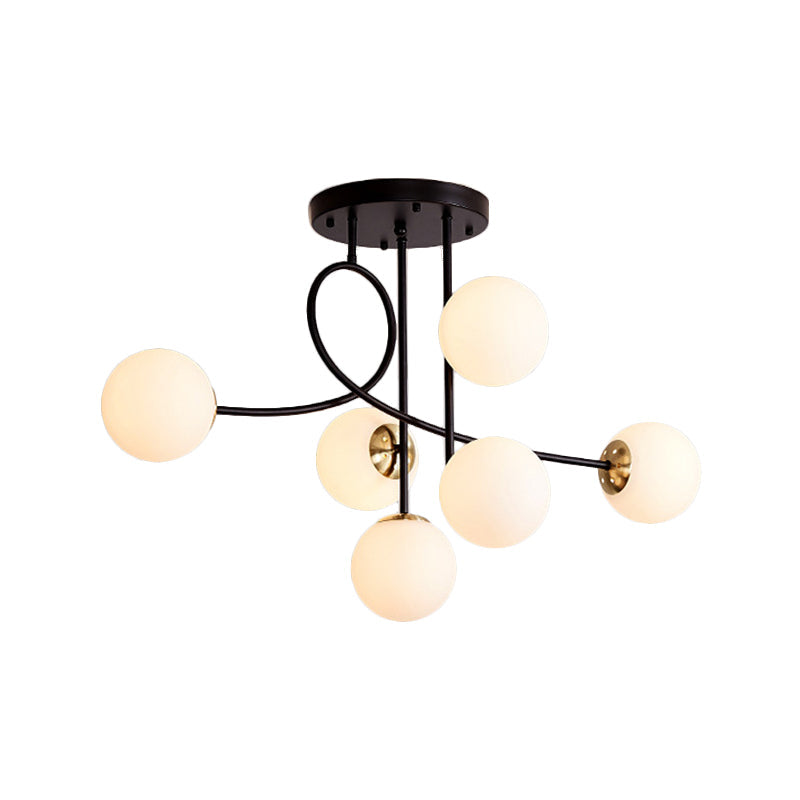 Modern Metal Armed Ceiling Chandelier - 6 Bulb Hanging Light Fixture with Black/Gold Finish and Glass Shades