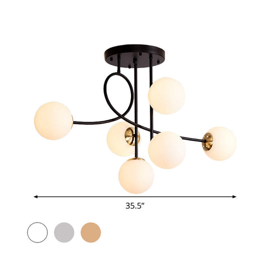 Modern Metal Armed Ceiling Chandelier - 6 Bulb Hanging Light Fixture with Black/Gold Finish and Glass Shades