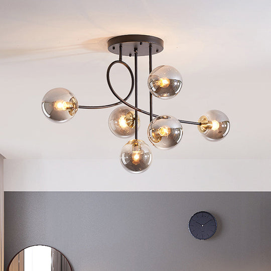 Modern Metal Armed Ceiling Chandelier - 6 Bulb Hanging Light Fixture with Black/Gold Finish and Glass Shades