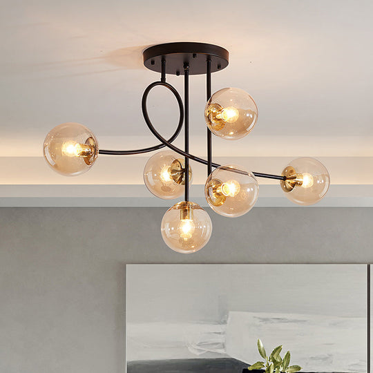 Modern Metal Armed Ceiling Chandelier - 6 Bulb Hanging Light Fixture with Black/Gold Finish and Glass Shades