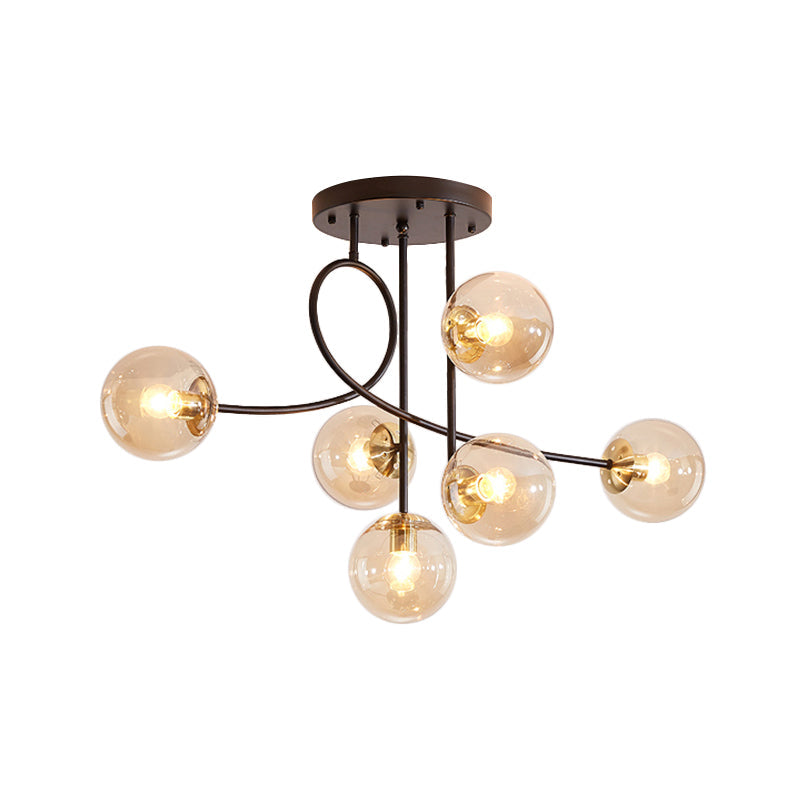 Modern Metal Armed Ceiling Chandelier - 6 Bulb Hanging Light Fixture with Black/Gold Finish and Glass Shades