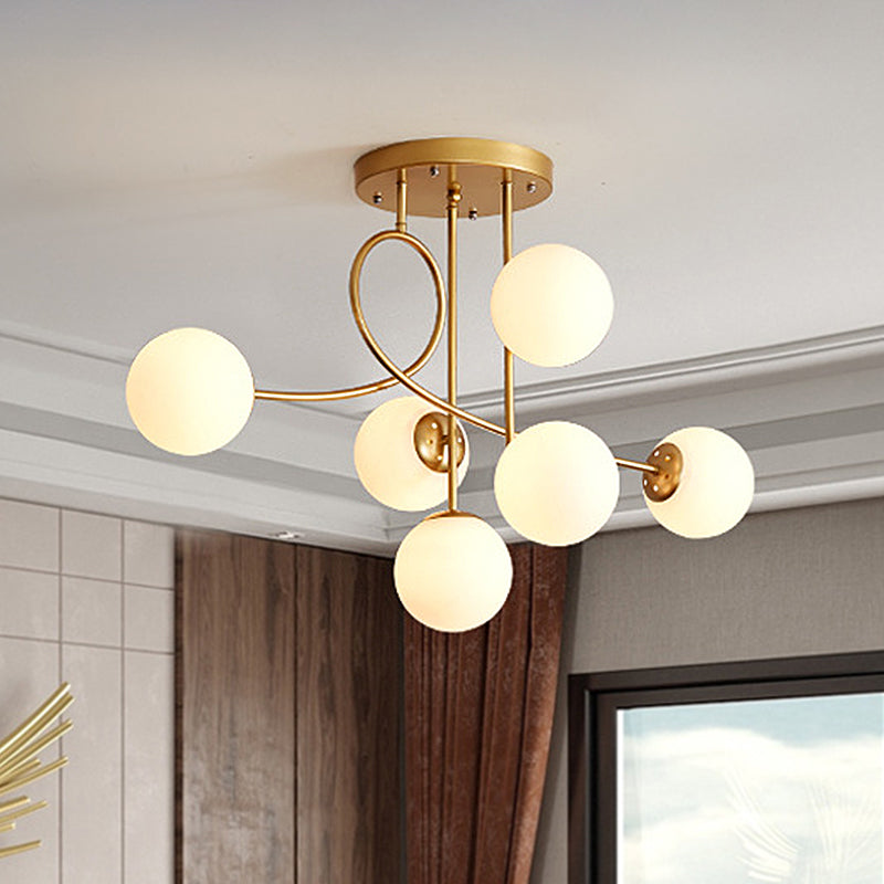 Modern Metal Armed Ceiling Chandelier - 6 Bulb Hanging Light Fixture with Black/Gold Finish and Glass Shades