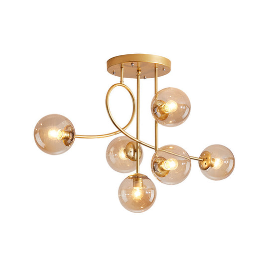 Modern Metal Armed Ceiling Chandelier - 6 Bulb Hanging Light Fixture with Black/Gold Finish and Glass Shades