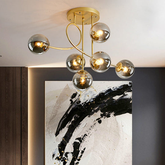 Modern Metal Armed Ceiling Chandelier - 6 Bulb Hanging Light Fixture with Black/Gold Finish and Glass Shades