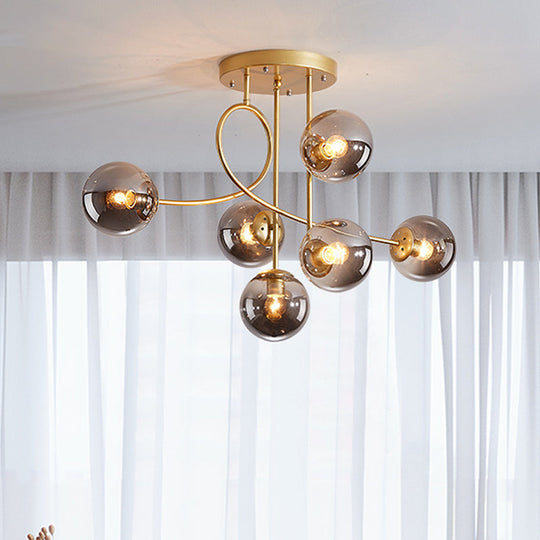 Modern Metal Armed Ceiling Chandelier - 6 Bulb Hanging Light Fixture with Black/Gold Finish and Glass Shades