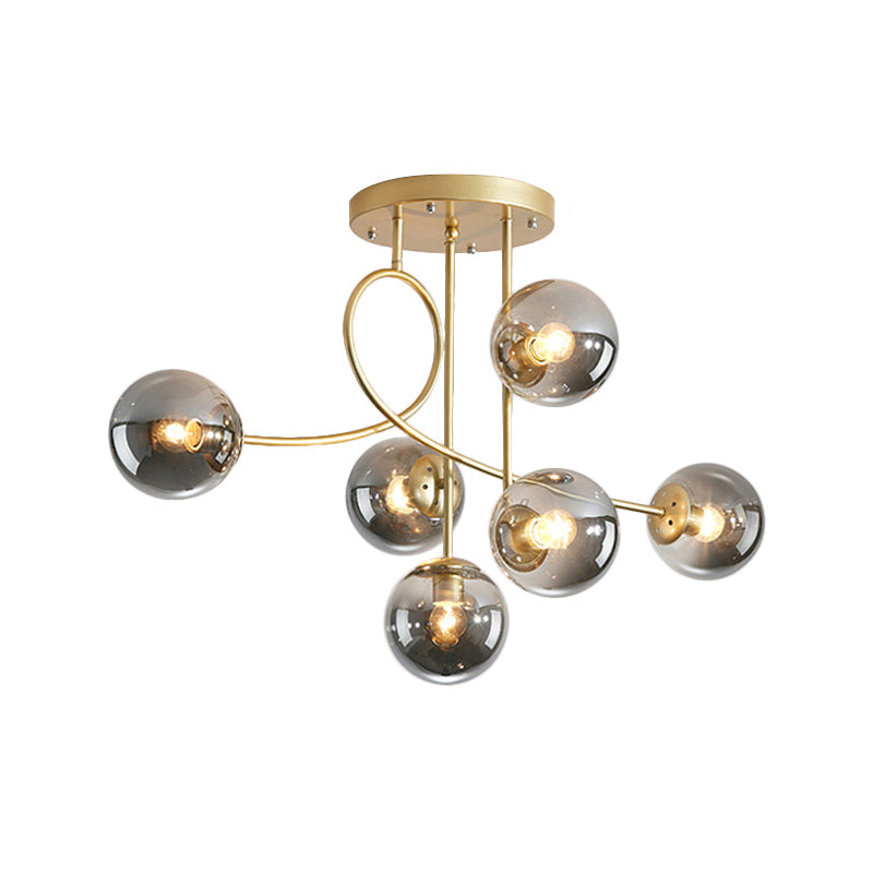 Modern Metal Armed Ceiling Chandelier - 6 Bulb Hanging Light Fixture with Black/Gold Finish and Glass Shades