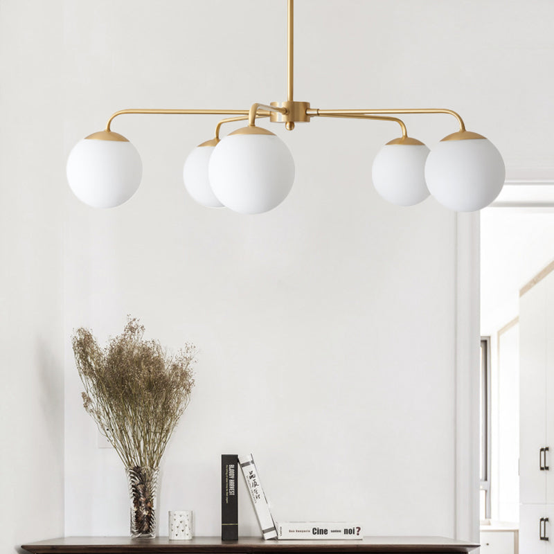 Contemporary Milky Glass Chandelier - 5 Head Brass Ceiling Light