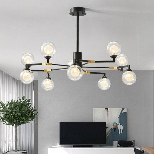 Sleek Black Sphere Chandelier Light Clear Glass Pendant Fixture - 8/10 Head Modern Lighting