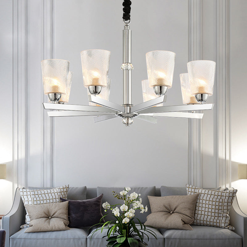 Modern Flared Glass Pendant Chandelier with Ribbed Design - Chrome Finish