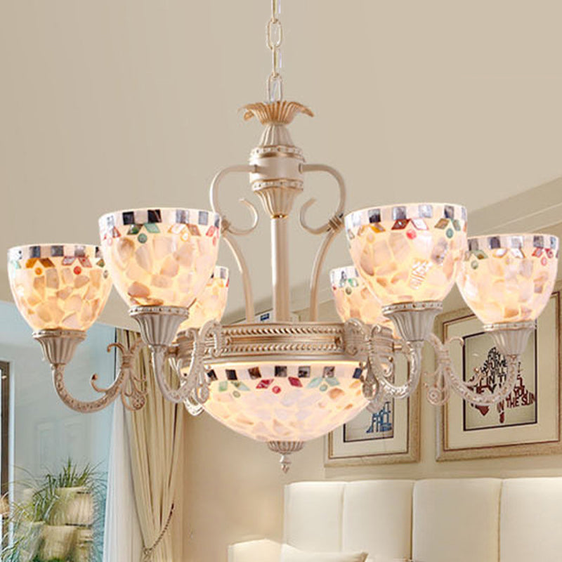 Sleek Mediterranean Shell Dome Chandelier Pendant Light - White Ceiling Suspension Lamp - 5/9/11 Lights