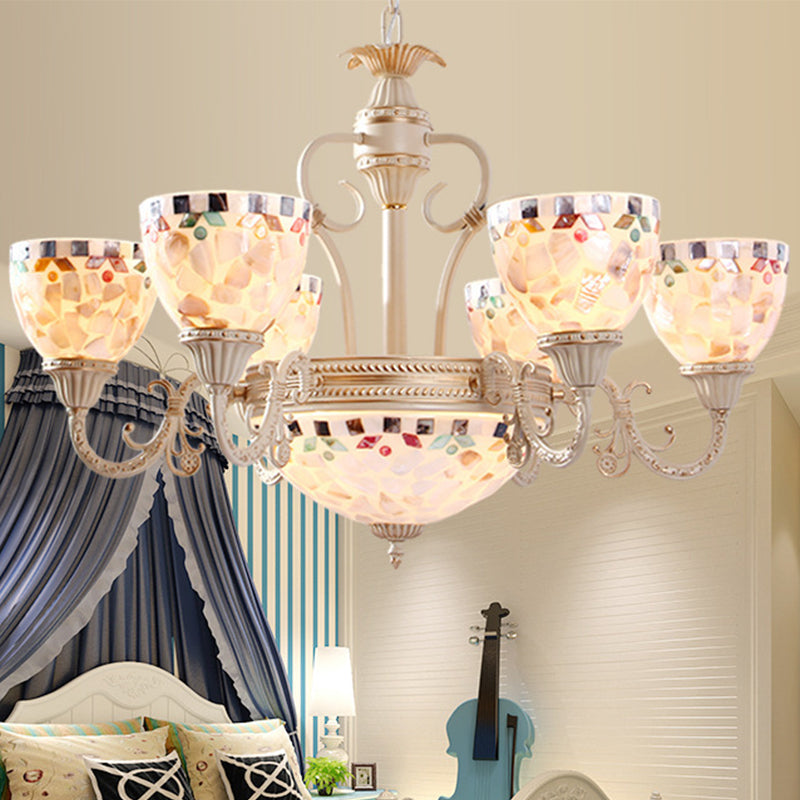 Sleek Mediterranean Shell Dome Chandelier Pendant Light - White Ceiling Suspension Lamp - 5/9/11 Lights