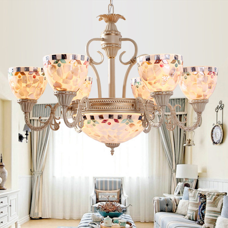 Sleek Mediterranean Shell Dome Chandelier Pendant Light - White Ceiling Suspension Lamp - 5/9/11 Lights