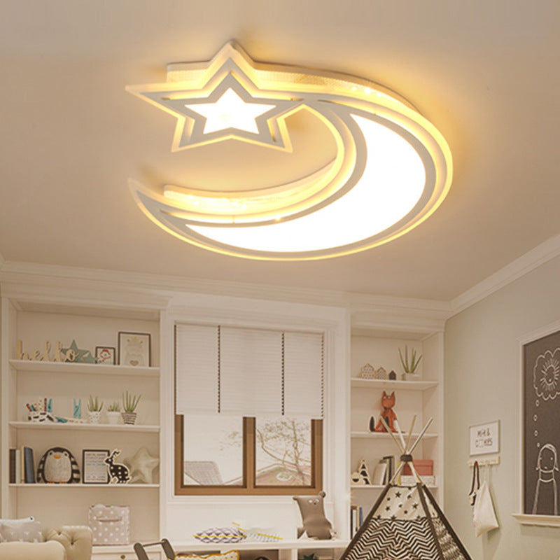 Kids Cartoon Acrylic Led Flush Ceiling Light - Crescent And Star Design For Bedroom