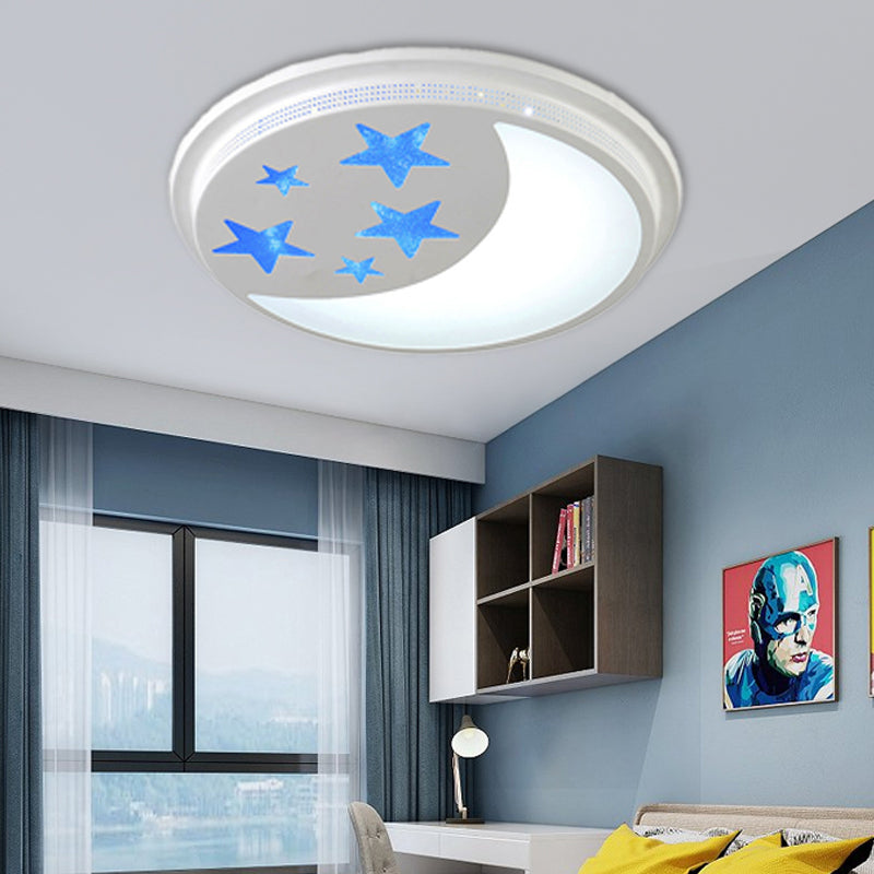 Cartoon Moon and Star LED Ceiling Lamp for Girls Room - Blue and White Circle Design