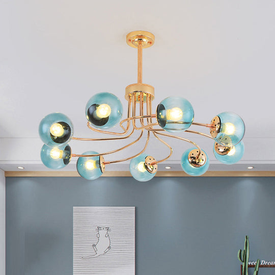 Modern Round Blue/Amber Glass Ceiling Chandelier - 9-Light Gold/Black Hanging Lamp Kit