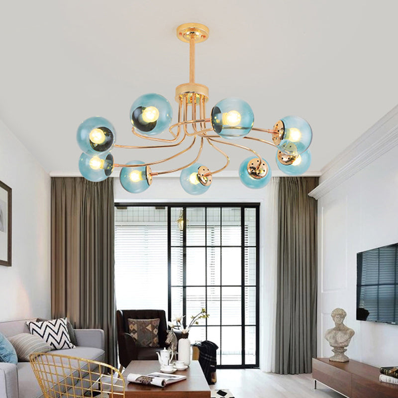 Modern Round Blue/Amber Glass Ceiling Chandelier - 9-Light Gold/Black Hanging Lamp Kit