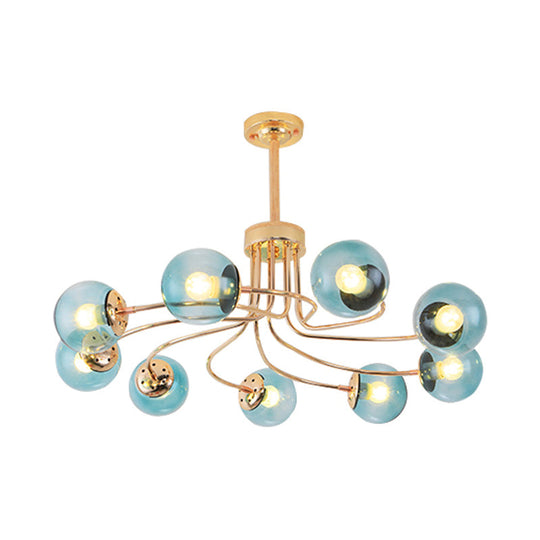 Modern Round Blue/Amber Glass Ceiling Chandelier - 9-Light Gold/Black Hanging Lamp Kit