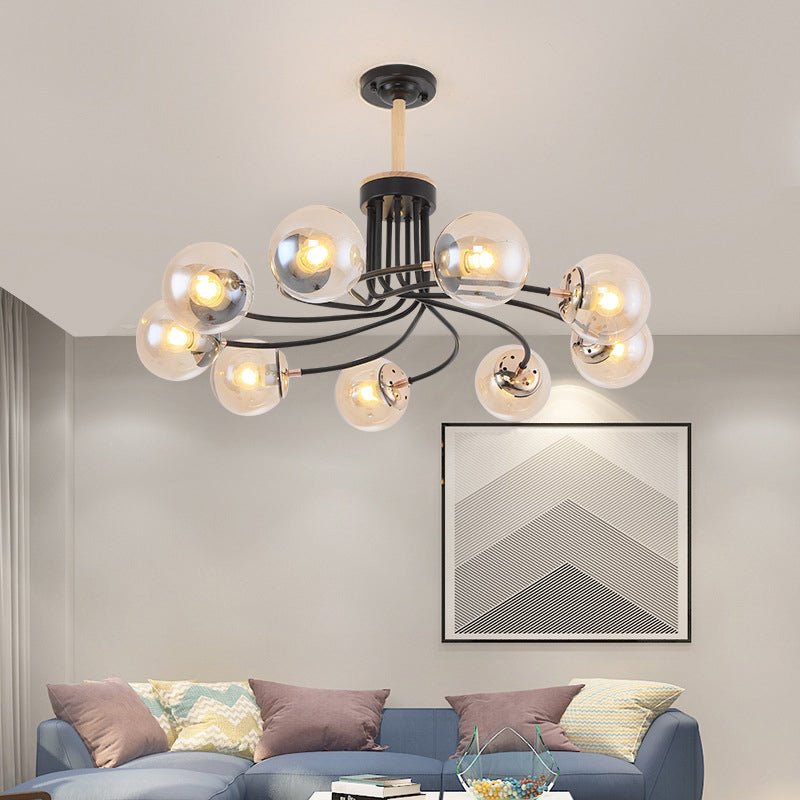 Modern Round Blue/Amber Glass Ceiling Chandelier - 9-Light Gold/Black Hanging Lamp Kit