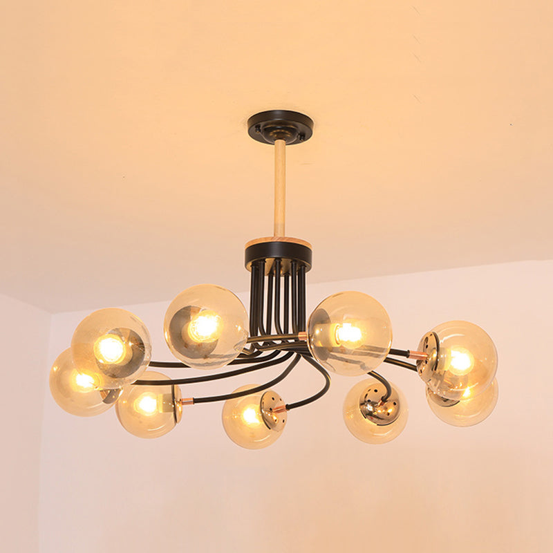 Modern Round Blue/Amber Glass Ceiling Chandelier - 9-Light Gold/Black Hanging Lamp Kit