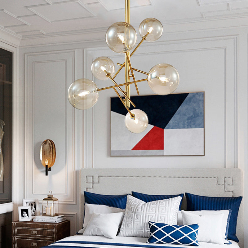 Minimalist Globe Semi Flush Light with Cognac Glass and 6 Lights - Brass Semi Flush Mount for Bedroom