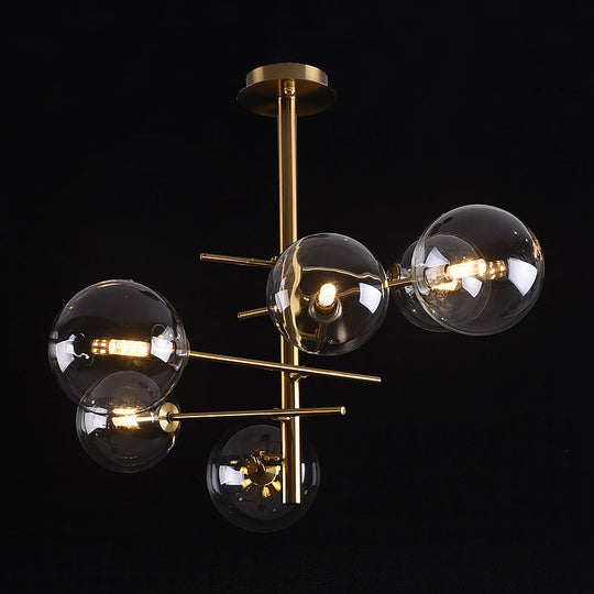 Minimalist Smoke Gray Glass Semi Flush Mount Light with Brass Accents - 6/9 Light Globe Shaped Fixture