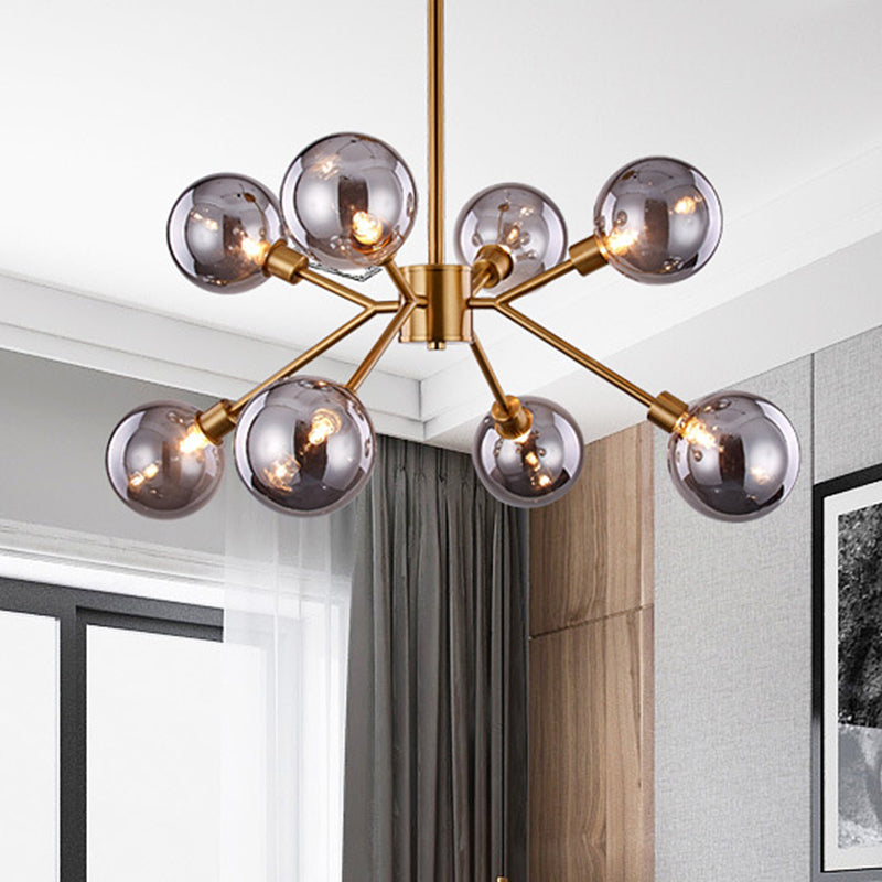 Contemporary Smoke Gray Glass Semi Flush Mount Light Fixture, Brass Finish, 6/8 Bulbs