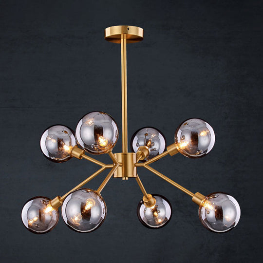 Contemporary Smoke Gray Glass Semi Flush Mount Light Fixture, Brass Finish, 6/8 Bulbs