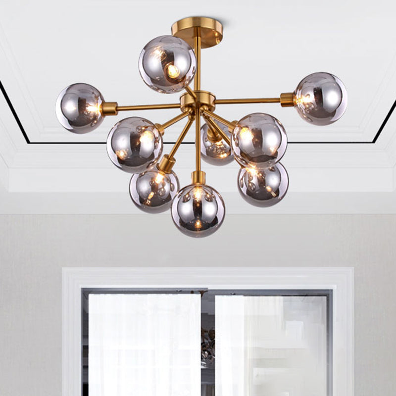 Minimalist Brass Flush Mount Chandelier with White/Smoke Gray Glass – 7/9/10 Lights