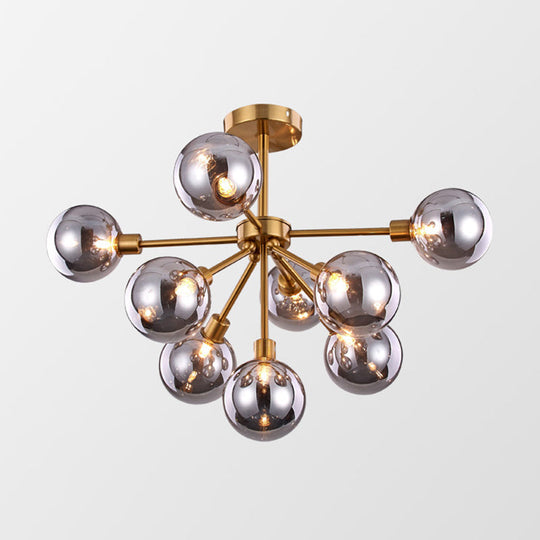 Minimalist Brass Semi Flush Chandelier - 7/9/10 Lights White/Smoke Gray Glass