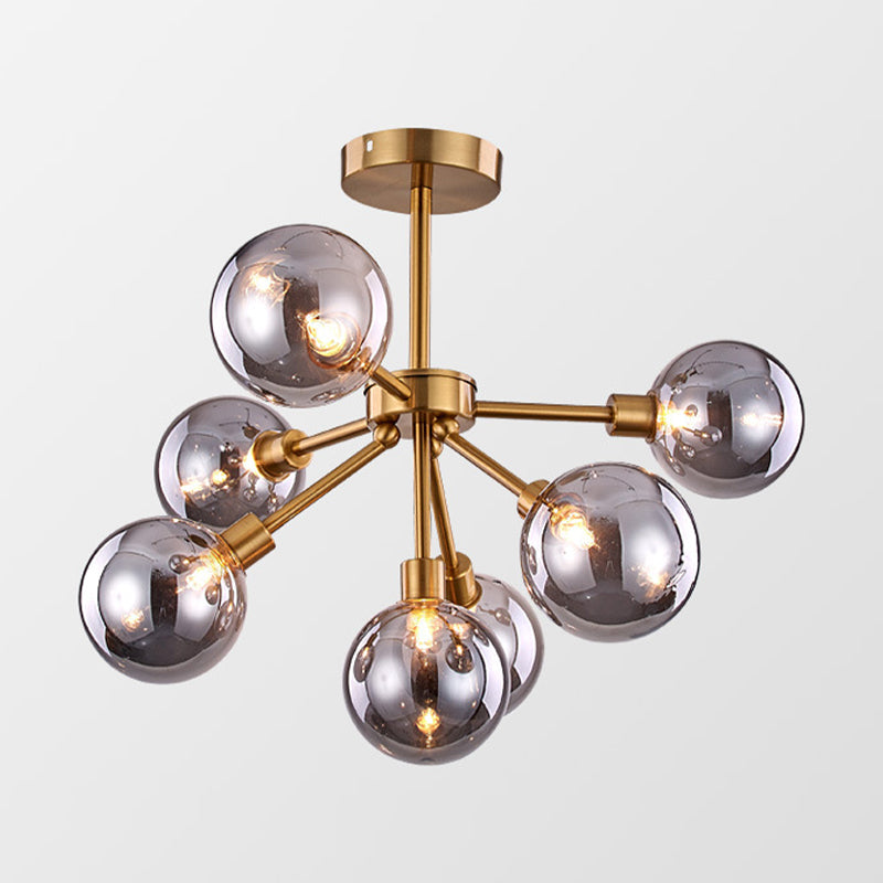 Minimalist Brass Semi Flush Chandelier - 7/9/10 Lights White/Smoke Gray Glass